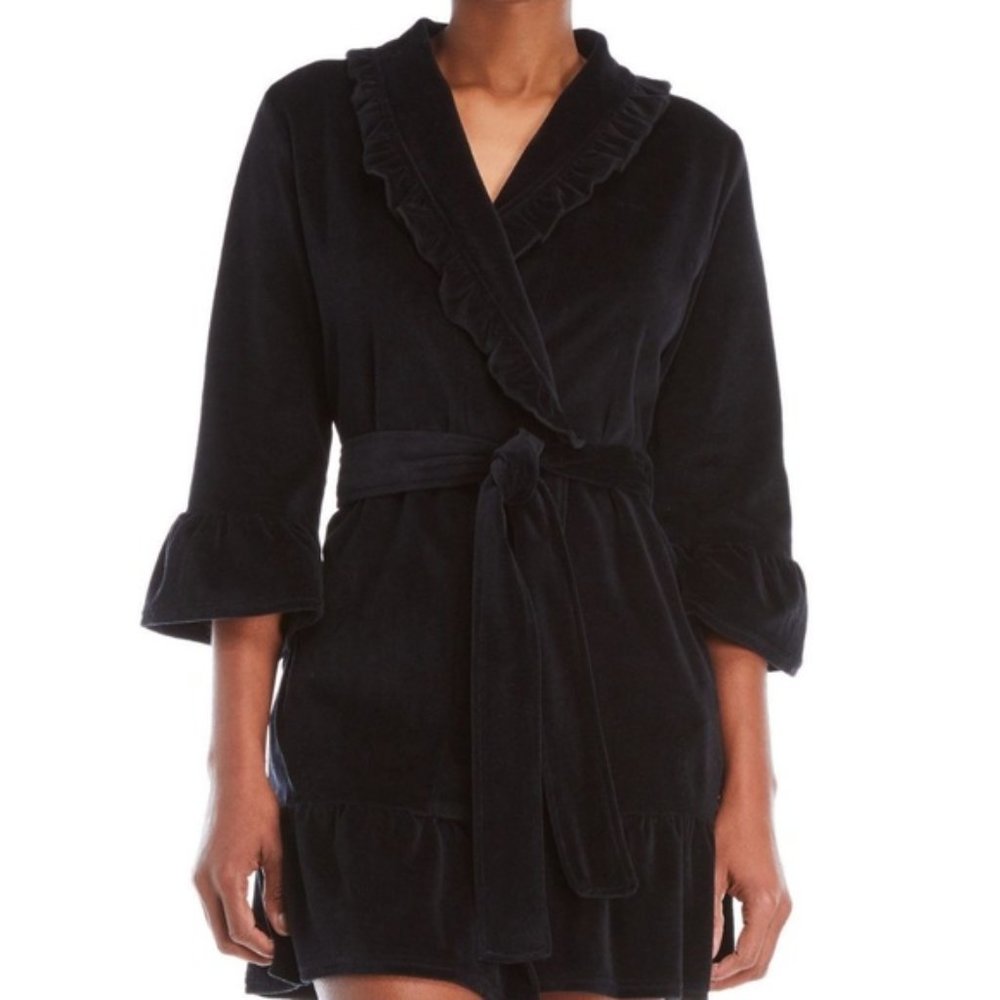 Juicy Couture Black Label Wrap Robe Black Gold Embroidery Crown Ruffles Sz S/M